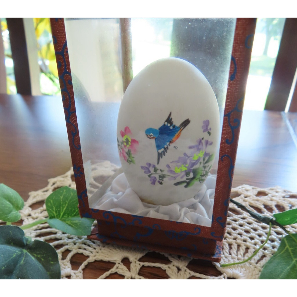 Oriental Hand Painted Egg in Glass Case Blue Bird Flowers Hand Painted